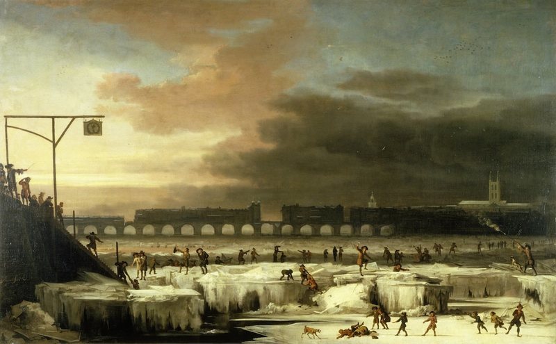 The Frozen Thames, looking Eastwards towards Old London Bridge: 1677